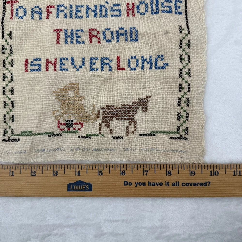 VTG Linen Sampler Cross Stitch Unframed 12x9 Road is Never Long 30s 40s Look